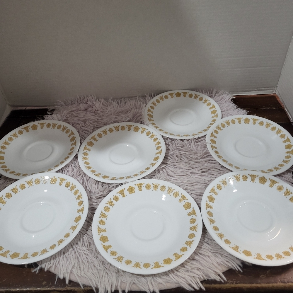 Corelle Corning Set of 7 Butterfly Gold Teacup Saucer Coffee Cup Saucer 6-1/4"